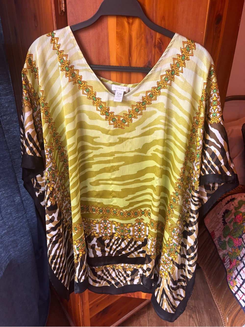 Chico's Lime Green and Black Embellished Zebra-Print Tunic